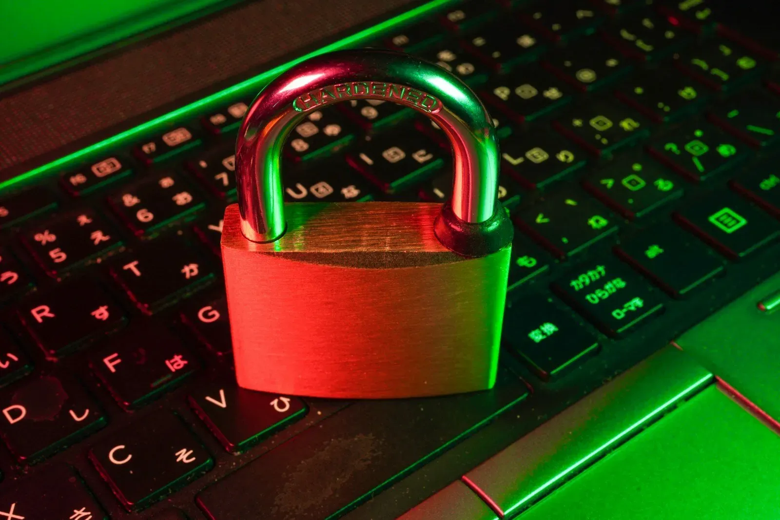 Rotes Vorhängeschloss auf einer schwarzen Computertastatur, Symbolbild für Cybersecurity