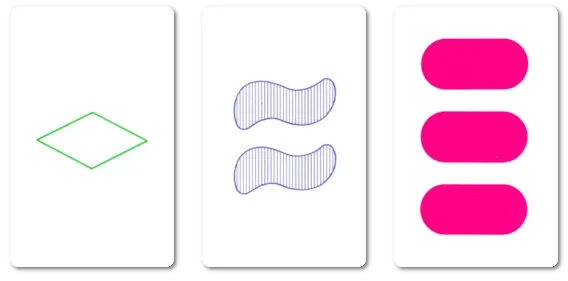 Karten des Spiels SET mit farbigen Symbolen, aus dessen Mathematik das Cap-Set-Problem stammt