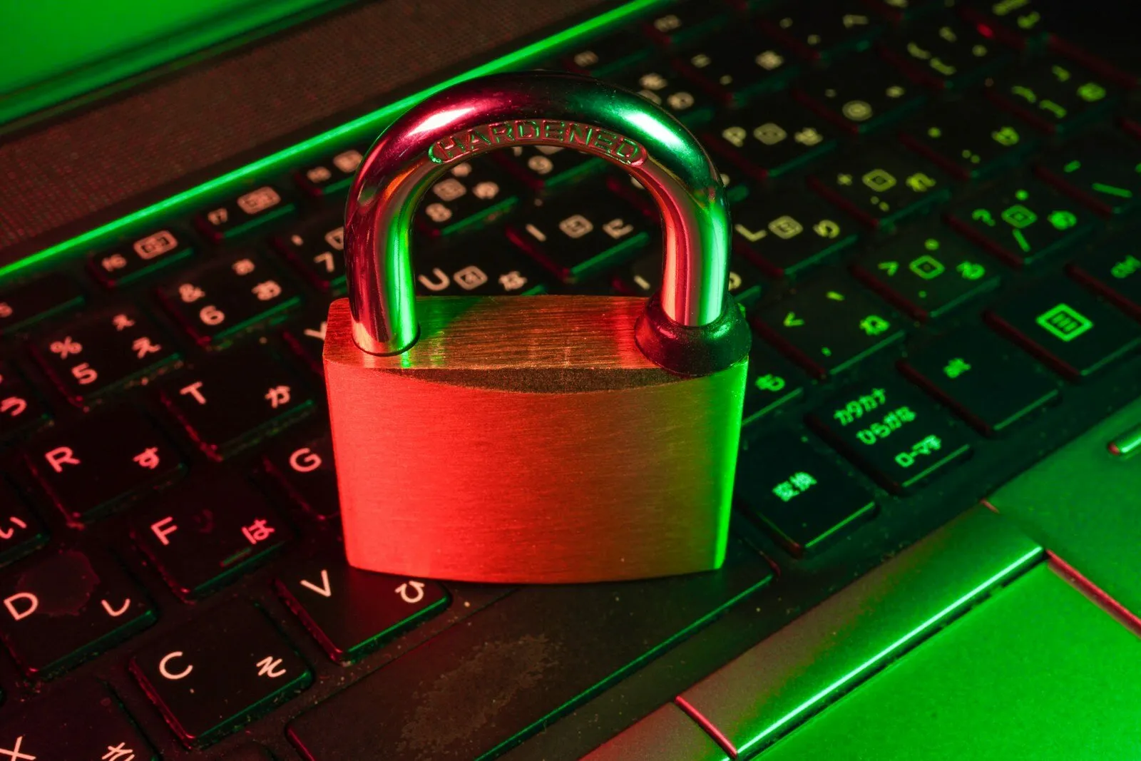 Rotes Vorhängeschloss auf einer schwarzen Computertastatur, Symbolbild für Cybersecurity